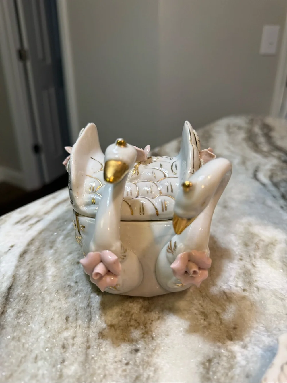 Vintage Porcelain Swan Trinket Box Pink Roses Gold Trim Romantic Decor Japan